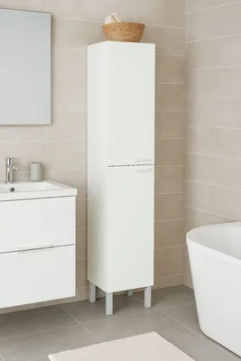 Produktbild von Badezimmersäule Dfaropp, Säulenschrank für Badezimmer mit 2 Türen, Hängeschrank mit 2 Einlegeböden, 30x25h182 cm, Glänzend Weiß