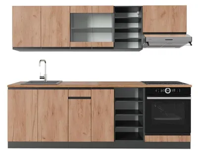Zdjęcie produktu dla Zabudowa kuchenna Vicco R-Line Złoty dąb power/antracyt 240 cm J-Shape, BP Dąb, Model 43221