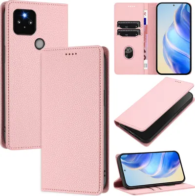 Produktbild von Litchi Leder Handyhülle für Google Pixel 5 Wallet Kartenfächer Standfunktion Hülle Pink