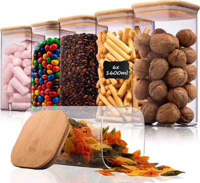 Obrázok produktu pre sada 6 - DECO HAUS opakovane použiteľné nádoby s bambusovými viečkami - vzduchotesné, do umývačky riadu, mikrovlnnej rúry, 20x10 cm, 1600 ml