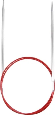 A pair of circular knitting needles with a red cable, isolated on a white background.