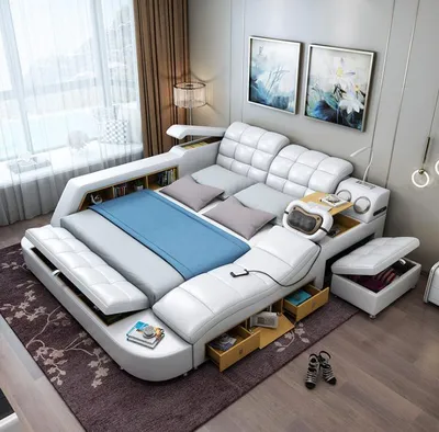 Immagine prodotto di Bett Doppel Regale Leder Polster Betten Multifunktion mit Massagefunktion