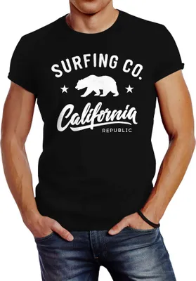 Produktbild von Herren T-Shirt California Republic Bear Bär Sommer Surfing Slim Fit Neverless® schwarz S