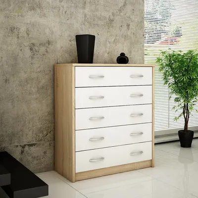 Produktbild von Kommode mit 5 Schubladen mit matter Oberfläche, Kommode 74cm breit Holz Schrank Kommode mit Schubladen Sideboard Highboard Anrichte Sonoma-Weiß