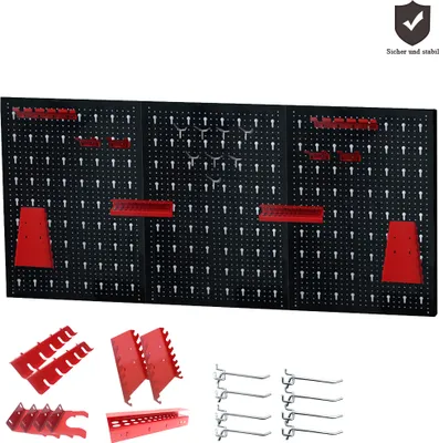 Obrázok produktu pre LZQ Nástenný dierovač Kovový dierovač so sadou 17 háčikov 120 x 60 x 2 cm Čierno-červený Nástenný dierovač do dielne