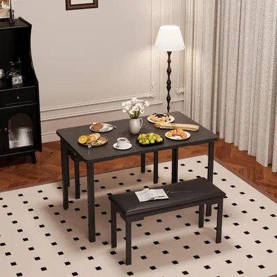 Produktbild von 3-teiliges Esszimmerset für 4 Personen, 110x70cm Tisch mit 2 gepolsterten Bänken, Metallgestell, Schwarz