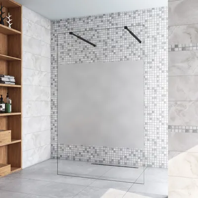 Produktbild von 107.7x200cm+ mit 2  73-120cm Schwarz Stabilisator 8mm Nano Sicherheitsglas Walk in Milchglas Streifen Duschwand Duschabtrennung
