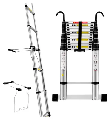 Produktbild von 5M Teleskopleiter aus Aluminium mit Leiterstabilisator, Mehrzweckleiter, unterer Balancierbalken und abnehmbaren Haken, rutschfeste Klappleiter, ausziehbare Leiter, multifunktionale Leiter