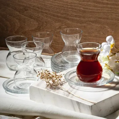 Immagine prodotto di Pasabahce Bekata Set di bicchieri da tè turchi da 12 pezzi con piattini 12 ml Cay Bardagi bicchiere da tè trasparente