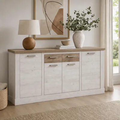 Immagine prodotto di Madia Flux 4 ante e 2 cassetti 213 cm pino bianco con top rovere antico