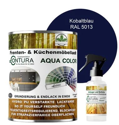 Produktbild von 750ml. + Anlauger - Contura Küchenmöbellack RAL Möbellack SEIDENMATT SET Möbelfarbe Holzlack Buntlack Küchenlack - RAL 5013 Kobaltblau