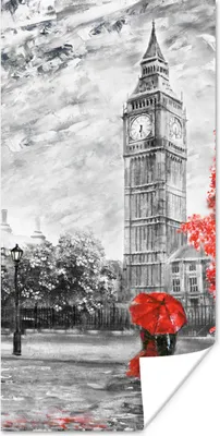 Produktbild von MuchoWow® Poster Gemälde - Big Ben - Rot - Regenschirm 40x80 cm - Dekoration