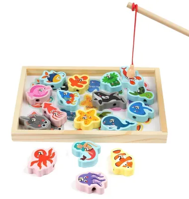 Produktbild von Magnetisches Angelspiel Holz Montessori Spielzeug ab 2+ Fischteich Meereslebewesen Hand-Auge-Koordination Lernspielzeug