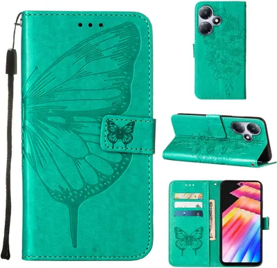 Produktbild von Lederhülle für Infinix Hot 30 Play NFC Schmetterling Prägung Flip Ledertasche Kartenfächer Handyhülle mit Ständer Grün