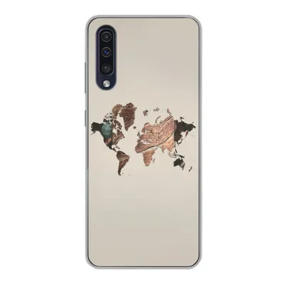 Produktbild von MuchoWow® Handyhülle Schutzhülle Hülle für Samsung Galaxy A30s Weltkarte - Holz - Braun Silikon Softcase Handy Hülle - Karteninhaber