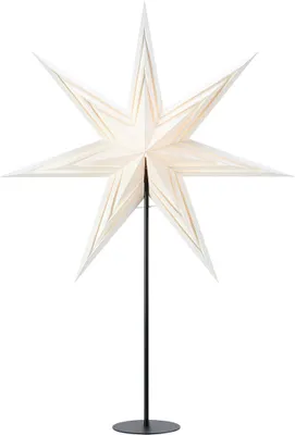 A white star-shaped lamp on a black stand against a white background.