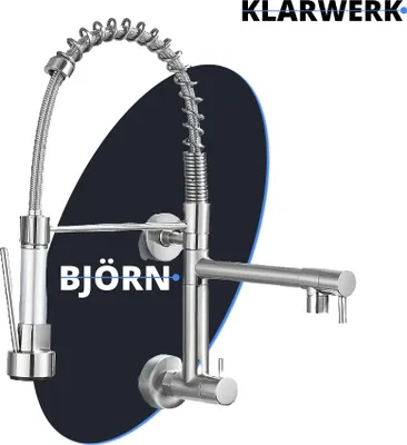 Produktbild von KLARWERK® Björn | Gastronomie Wandmontage Kaltwasser Armatur Silber | Küchenarmatur Edelstahl Zwei Brausen | Doppelspülbecken Wasserhahn Restaurant