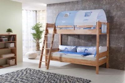 Produktbild von Relita Etagenbett STEFAN Buche massiv natur lackiert, Stabverleimt, geplankte Optik, mit Textilset blau/boy