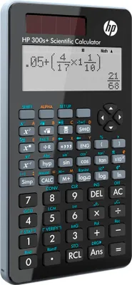 A close-up studio shot of a black HP scientific calculator with a gray border, displaying a mathematical equation on its screen.