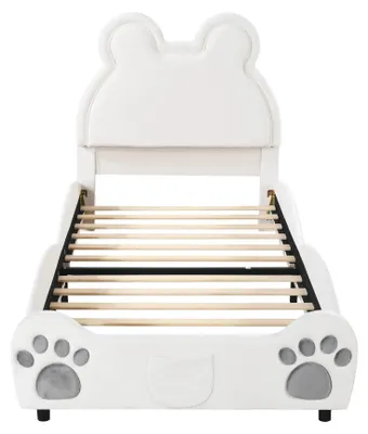 Immagine prodotto di Letto per bambini - Letto imbottito - 90x200 cm - Testiera a forma di orso con schienale - Rivestito in velluto, con rete a doghe e spazio contenitore - Bianco