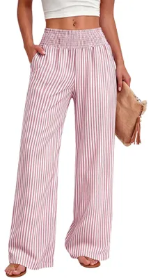 Image de ASKSA - Pantalon ample pour femmes, pantalon d'été à carreaux, taille haute, coupe palazzo élastique, pantalon ample décontracté pour le temps libre, avec poches, rayures, rose, taille 3XL