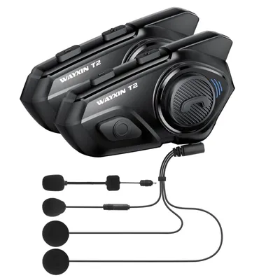Obrázek produktu pro 2-Pack WAYXIN T2 náhlavní souprava pro motocykly, komunikační systém Intercom pro motocykly pro 15 hodin pracovní doby náhlavní souprava s helmou náhlavní souprava pro motocykly Bluetooth s dosahem 100 m náhlavní souprava pro motocykly s interkomovým systémem