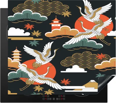 Produktbild von KitchenYeah© Herdabdeckplatte Kranich - Wolken - Japan - Muster , 58x51cm, Küche Deko, Glaskeramikkochfeld Herdabdeckung, Abdeckplatte fùr Kochfeld
