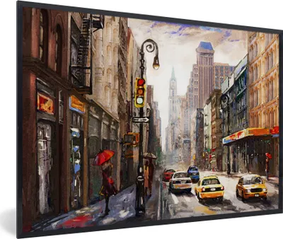 Produktbild von MuchoWow® Gerahmtes Poster Gemälde - Stadt - Auto - Öl 30x20 cm - Poster mit Schwarzem Bilderrahmen Wandposter Rahmen Foto Bilder - Kunstdruck - Bild-Poster