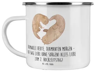 Produktbild von Mr. & Mrs. Panda Tasse Emaille 2. Hochzeitstag Baumwollhochzeit - Transparent - Geschenk, Haferl, Heirat, becher, Liebe feiern, Teetasse, Geschenke, Heiraten, Pott