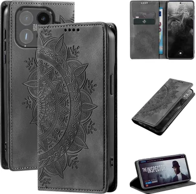 A collage of images showing a black leather phone case with a mandala design, including different angles and a phone inside.