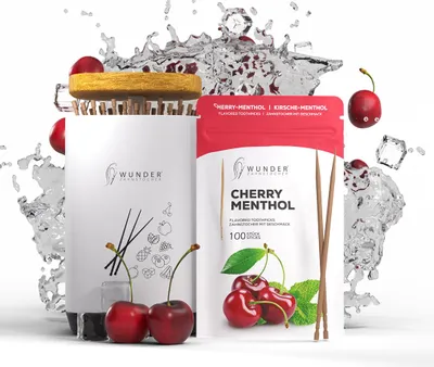 Produktbild von Wunder Zahnstocher - 1x Kirsch/Menthol Refill Wunderzahnstocher mit Geschmack 100 Stück + 1 x Zahnstocherspender für deinen Lifestyle