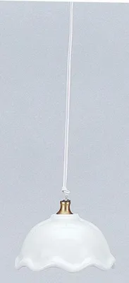 A white pendant lamp with a scalloped edge, hanging from a white cord.