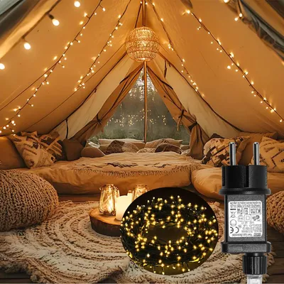 Imagen del producto de Guirnalda de luces LED Ikodm, 10 metros, 100 LEDs, luz blanca cálida, 8 modos de iluminación, función de memoria, cable de 5 metros, cable , ideal para Navidad y fiestas