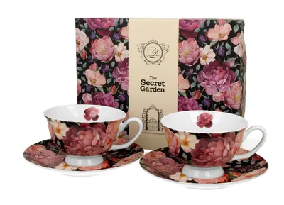 Produktbild von DUO FLORAL 2er-Set königliche Tassen 250 ml SPRING ROSES BLACK mit Untertassen, New Bone China Porzellan