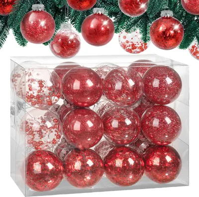 Image de Set de 24 boules de Noël Ø 6 cm en plastique transparent avec déco personnalisable Décoration sapin rouge
