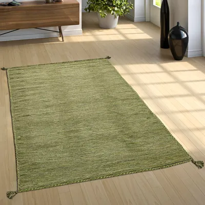 Image de Tapis design Tapis tissé Kilim Tissé à la main 100 % coton Moderne Mélangé Vert Dimensions 80 x 150 cm