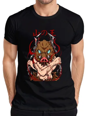 Produktbild von Inosuke Wildschwein Maske Dämonenjäger Dualklingen Anime Geschenk Herren T-Shirt, Schwarz, XL