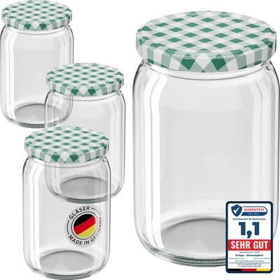 Produktbild von 100x WELLGRO Einmachgläser 550ml Schraubdeckel TO82 grün kariert