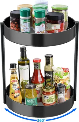 Produktbild von Drehteller Organizer  mit 2 Ebenen Küchenregal Küchen Organizer Gewürzständer für Gewürzgläser, Würzflasche, Schwarz