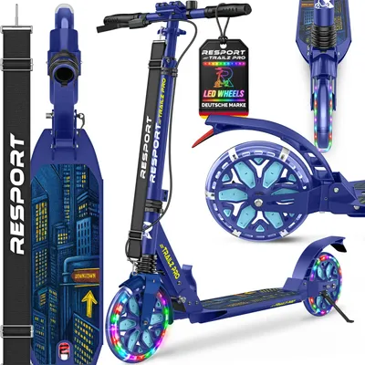 Produktbild von RE:SPORT® Cityroller für Kinder & Erwachsene mit LED, Klingel & Tragegurt | Kickscooter Tretroller inkl. Handbremse & Doppelfederung | Scooter höhenverstellbar & klappbar