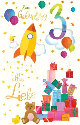 Produktbild von 3. Geburtstag - Karte mit Umschlag - Rakete und Geschenke