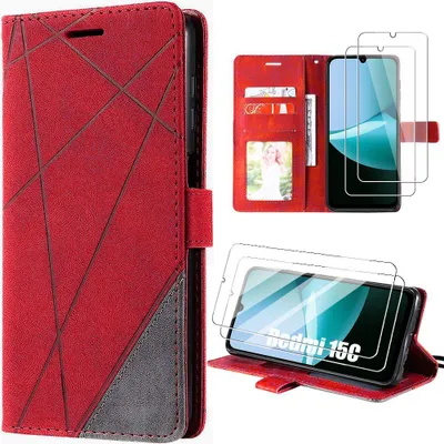 Image de Coque + 2 Verres Trempés pour Xiaomi Redmi 15C 4G/5G, Antichoc Anti-Rayures Effet Cuir Gris Rouge