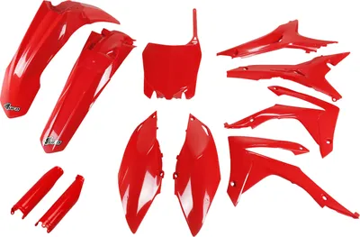 Image de Kit de carénage UFO PLAST, 11 pièces, ensemble de carénage en plastique avec protection de fourche pour Honda CRF R 250 / 450 cm³, années de fabrication 2013 - 2017, couleur : rouge, référence OEM 00-26