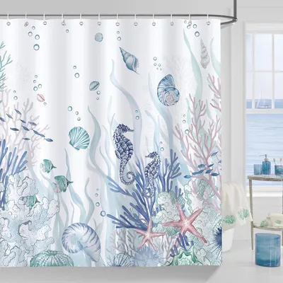 Obrázok produktu pre Záves na sprchu s námornou tématikou, vodotesný, 183 x 183 cm, s 12 háčikmi na kúpeľňu