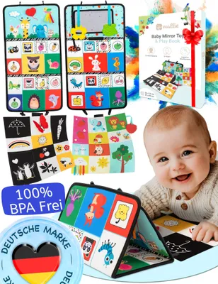 Produktbild von Mallie® Sensorik Baby Spiegel Spielzeug mit Bauchlage Knisterbuch I Babyspielzeuge 0, 3, 6 Monate I Baby Mirror Toy mit Schwarz Weiß Kontrast Muster