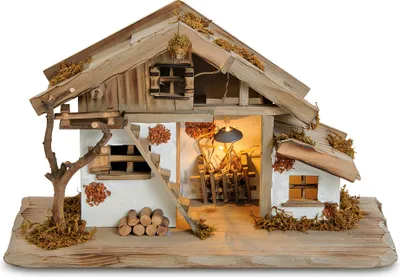 Produktbild von Große Holz Weihnachtskrippe 39 cm grau mit LED Beleuchtung