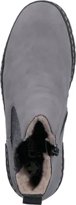 A top-down view of a gray Chelsea boot with faux fur lining.