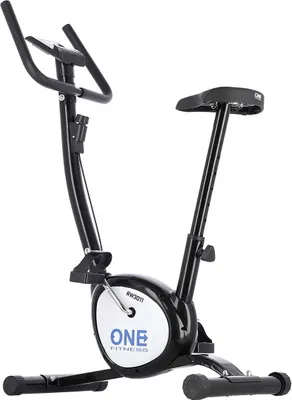 A black stationary exercise bike is shown against a white background.