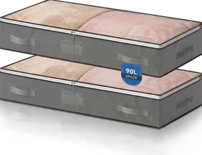 Produktbild von Faltbare Unterbett Aufbewahrungsbox mit Deckel - 90L Fassungsvermögen - Zur Kleideraufbewahrung - 2 Stück