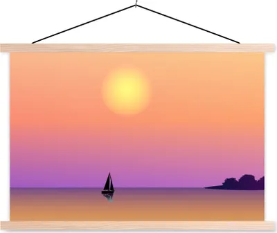 Produktbild von MuchoWow® Textilposter Boot - Segeln - Sonne - Nacht 120x80 cm mit holzfarbenen Rahmen - Aufhängeset